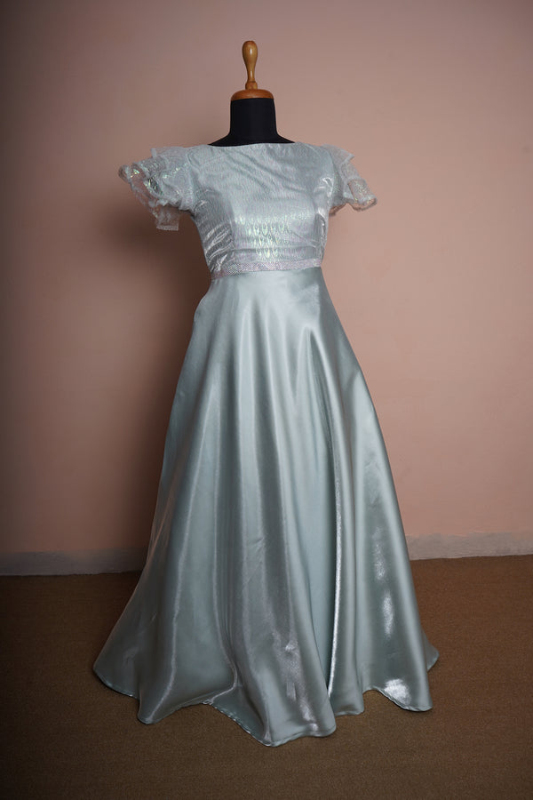 Light Blue Shimmer Satin and Holographic Organza with Special White Stone Patch work in Womens Reception Wear