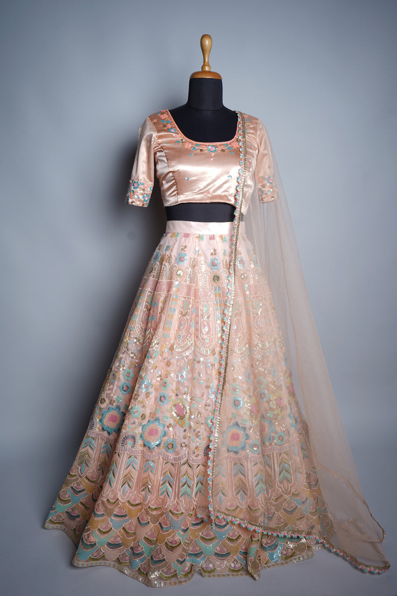 Peach Satin and Grand Embroidered Fabric with Speacial Embroidery work in Womens Reception Dress