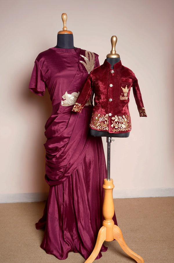 Maroon Velvet amd Chinon and Lace work with Special Embroidery work in Mom and Son Combo Set