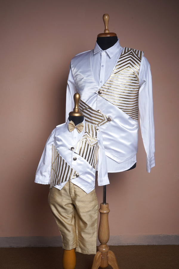 White Satin and Gold Stripes Kali Fabric with Rawsilk Dad and Son Combo