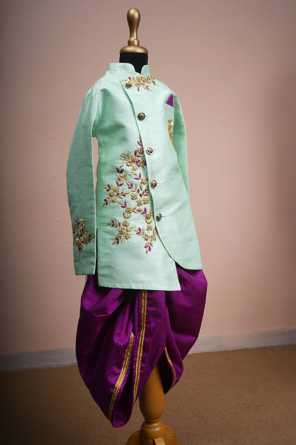 Aqua Green Rawsilk and Purple Tissue with Special Embroidery work in Boy kid Birthday Dress