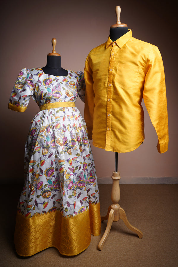 Yellow Border Kalamkari and Rawsilk Couple Clothing