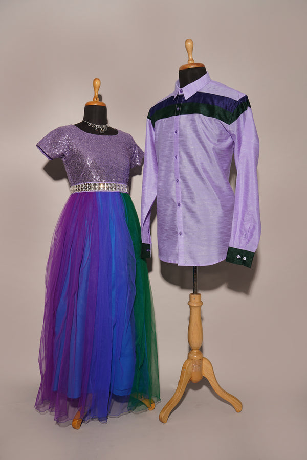 Lavender Sequin and Rawsilk and Multi Colour Net with Stone belt Couple Clothing