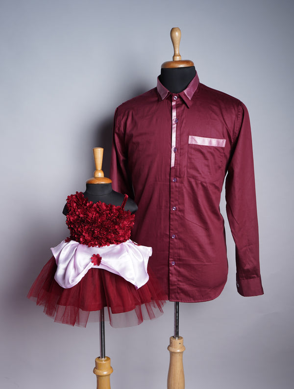 Maroon Carvette and Pink Satin and Net in Dad and Dughter Combo