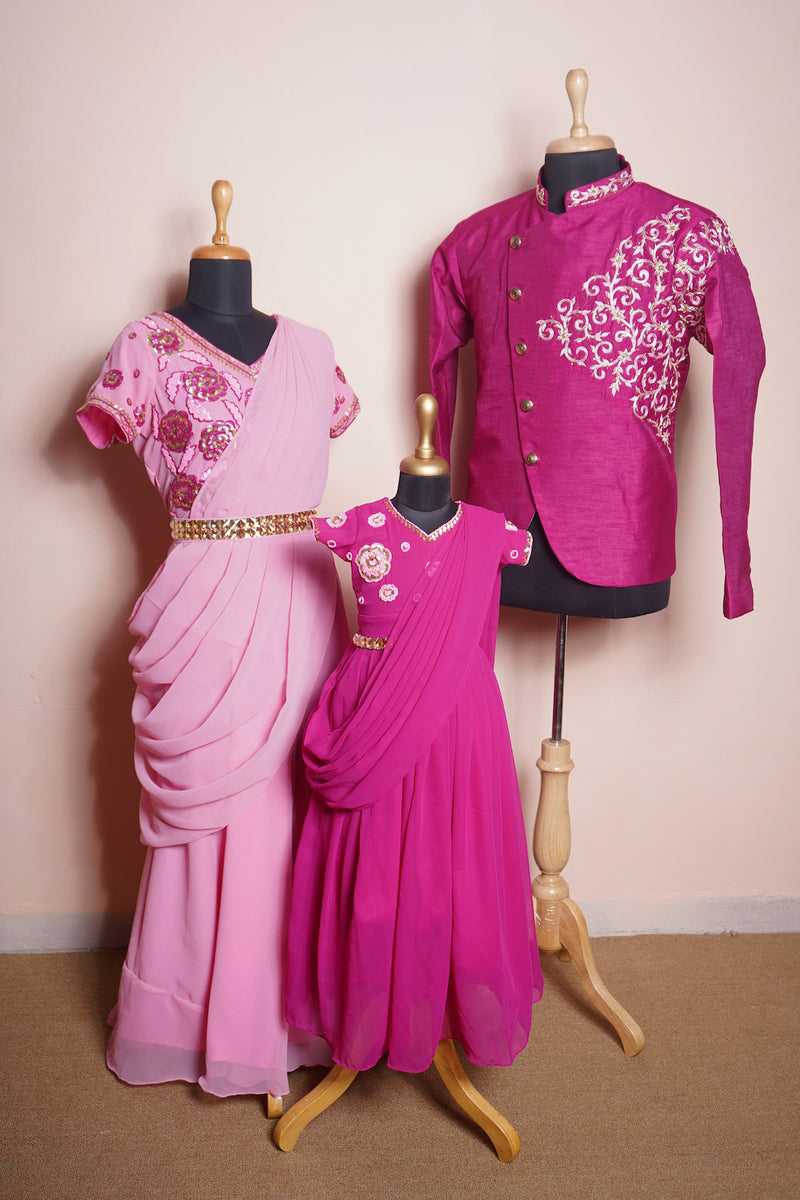 Dark Pink and Light Pink Rawsilk and Plain Georgette with Speacial Embroidery work in Family Clothing