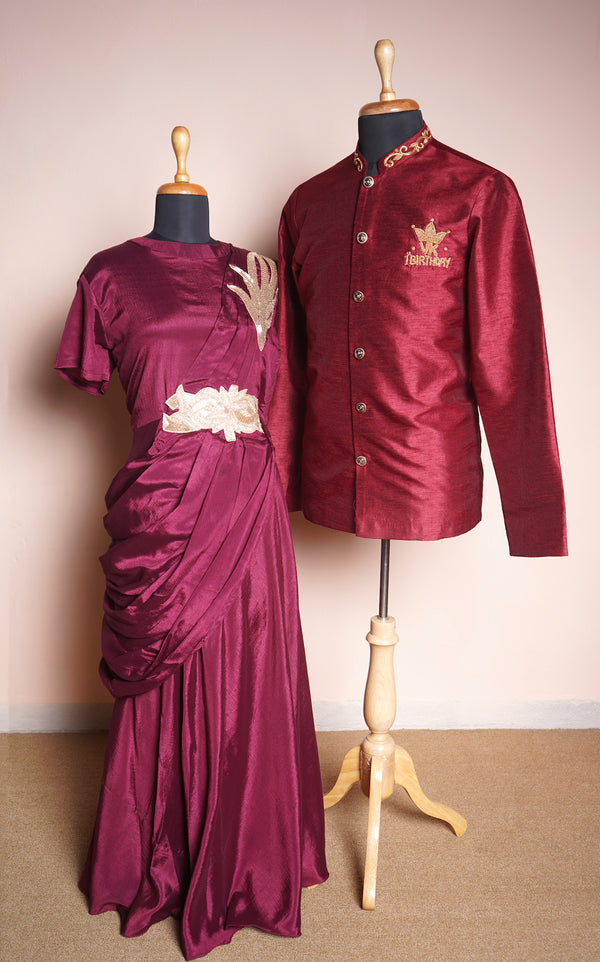 Maroon Rawsilk and Chinon with Lace work and Special Embroidery work in Couple Clothing