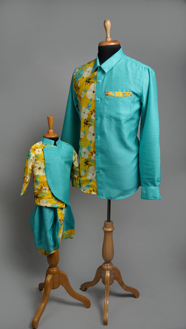 Yellow Floral Printed Georgette and Aqua Green Rawsilk Dad and Son Combo