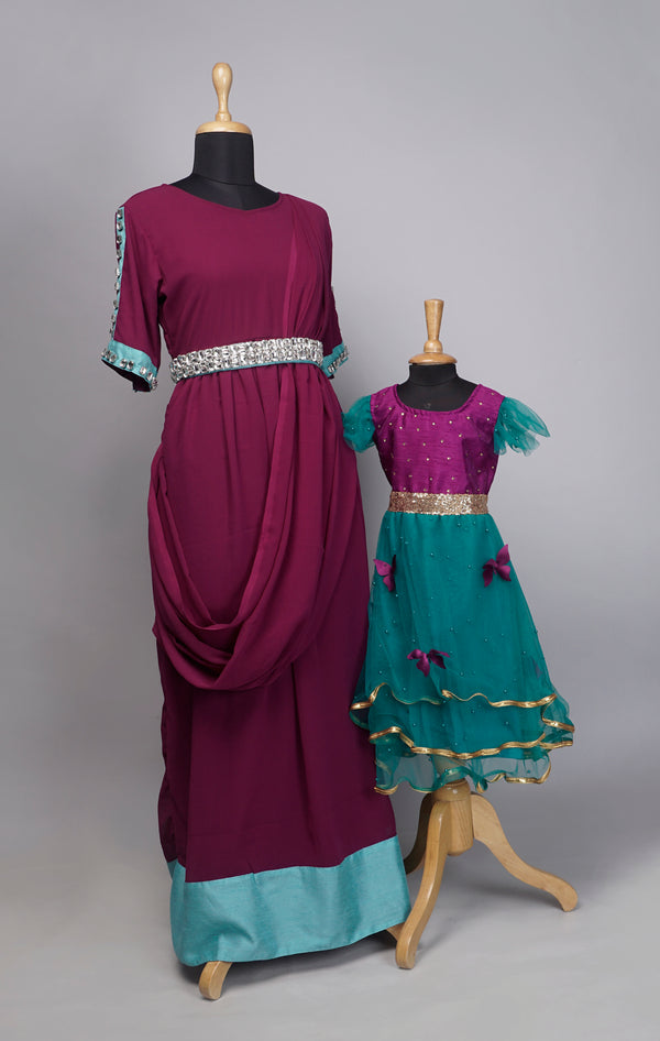 Voilet with Aqua Green Mom & Daughter Combo Matching Set