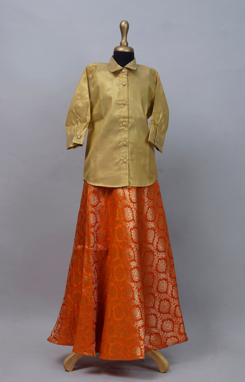 Golden Tissue with Orange Brocade Girl's Custom Made Dresses