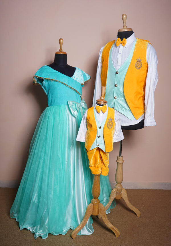 Aqua Green Velvet and Yellow Velvet with Speacial Embroidery work in Family Clothing