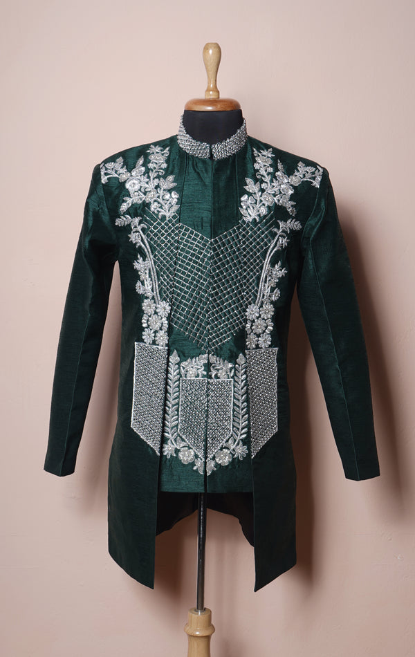 Bottle Green Rawsilk with Special Embroidery work Mens Reception Wear