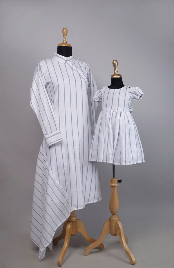Blue with White Stripe  Mom and Daughter Combo Matching Set