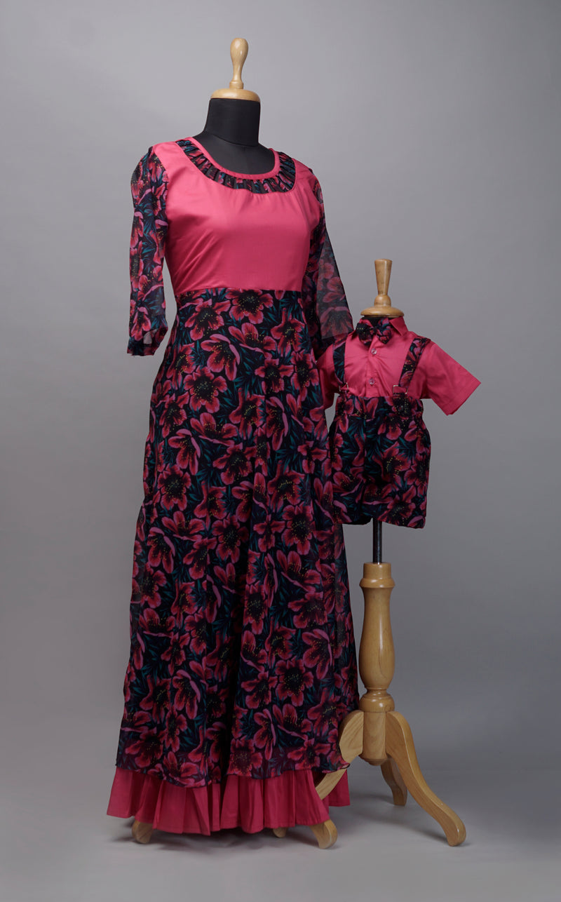 Black with Pink  Floral Printed Mom and Son Combo Matching Set