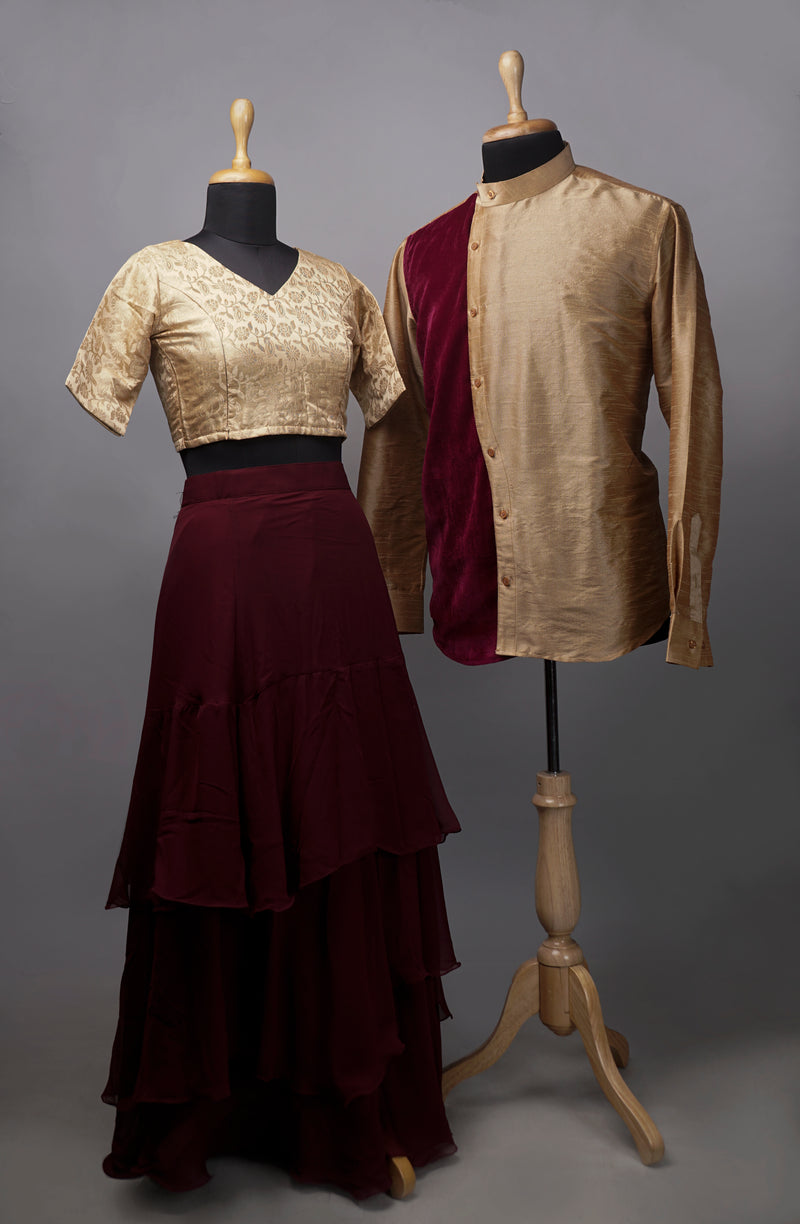 Gold With Maroon Couple Combo Matching Set