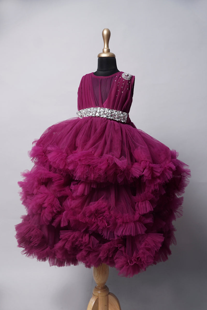 Purple Colour Grand Ruffled Girl Kid Birthday Gown