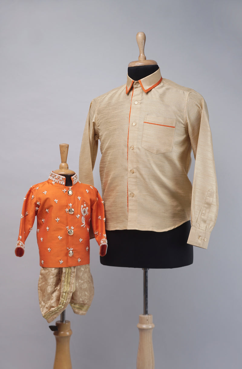 Orange with Gold Aari Worked  Birthday Dad and Son Combo Matching Set