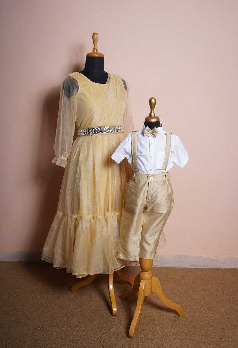 Gold Plain net and Rawsilk with Stone Belt in Mom and Son Combo