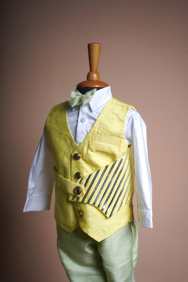 Yellow Rawsilk and White Cotton Shirt with Special Metal work in Boy kid Birthday Dress