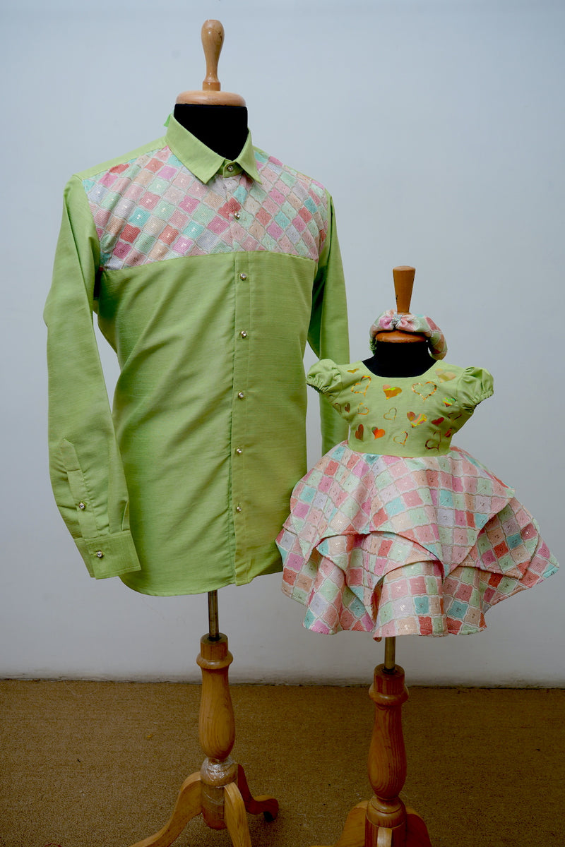 Embroidered Multi Coloured and Green Dad and Daughter Combo
