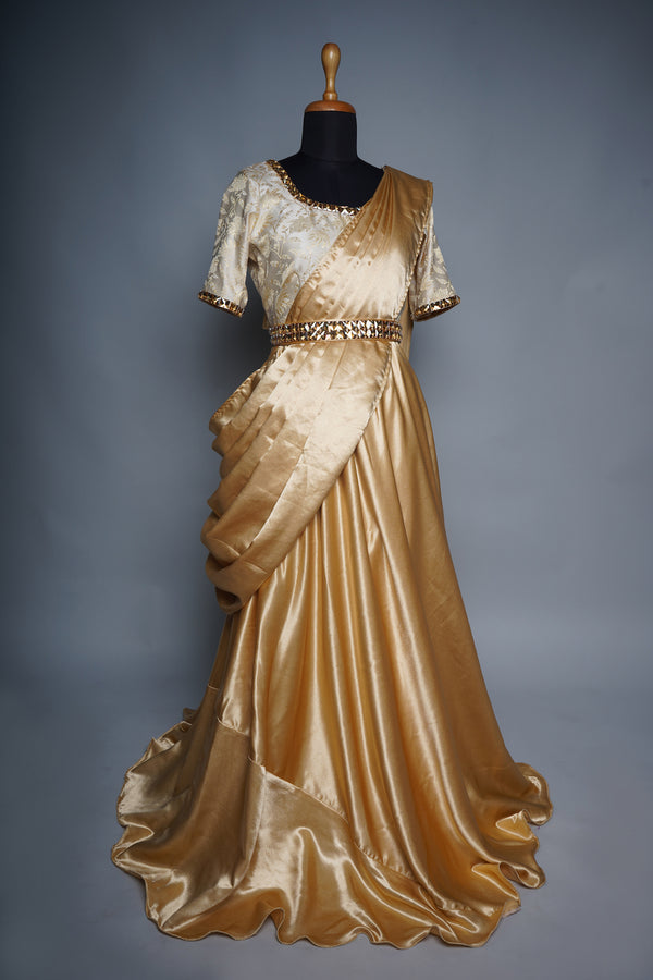 Gold Satin and Jaquard with Gold Stone Belt Womens Reception Wear