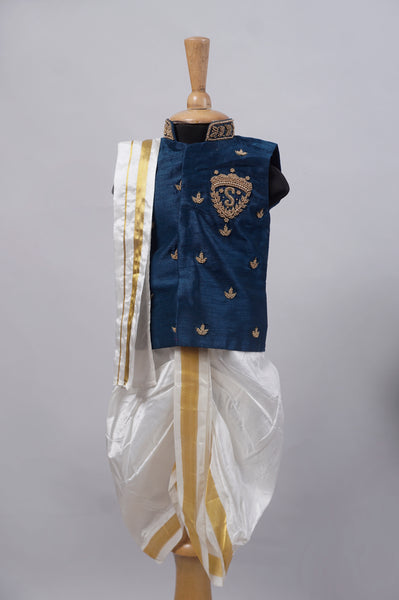 Dark Sea Blue Aari Worked Boy's Birthday Suits