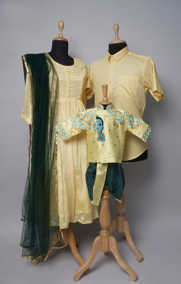 Yellow Krishnan  Embroidered Family Combo Matching Set