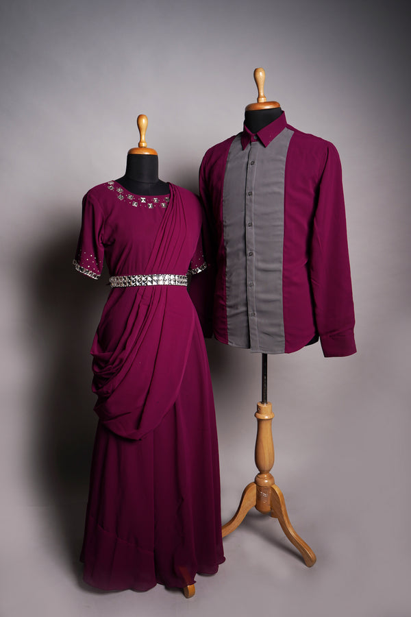 Dark Pink Georgette and Grey Georgette With White Stone work in Couple Clothing