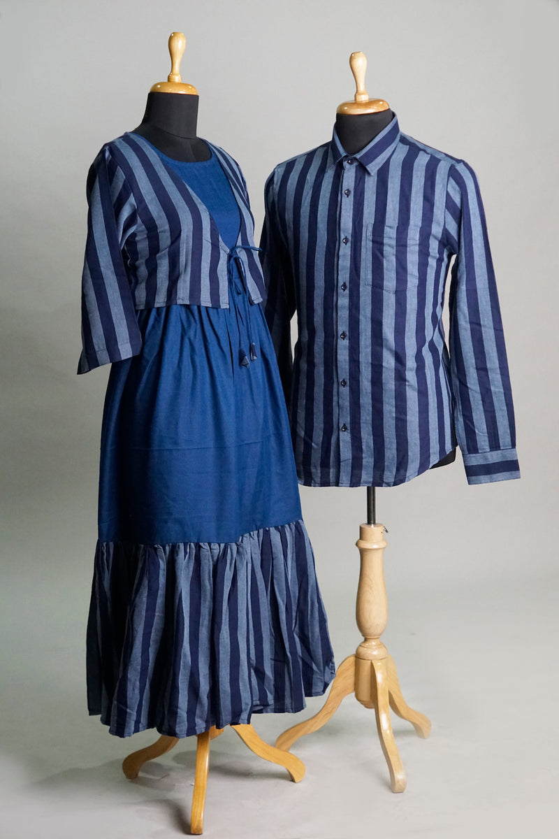 Dark Blue Striped Couple Combo Matching Set