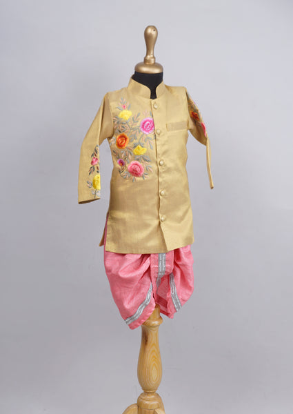 Gold with Pink Theard Embroidered Kurta For Boys