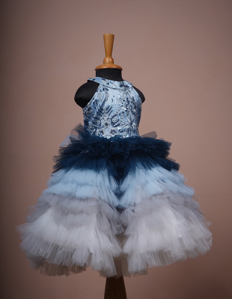 Sky Blue Fancy Embroidered Net and Plain net Girl kid Birthday Dress