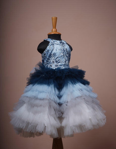 Sky Blue Fancy Embroidered Net and Plain net Girl kid Birthday Dress