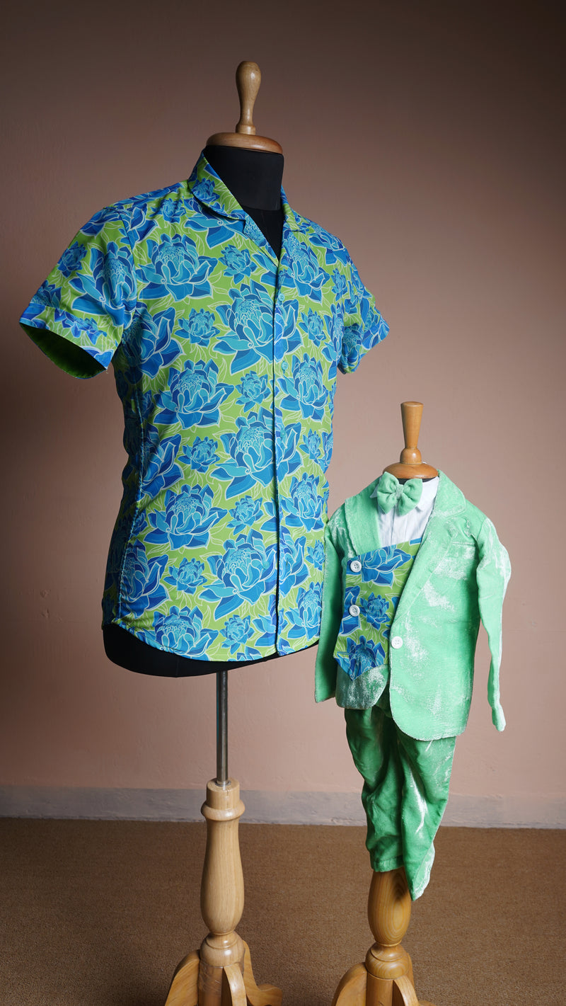 Green Flower Printed Georgette and Green velvet Dad and Son Travel Wear