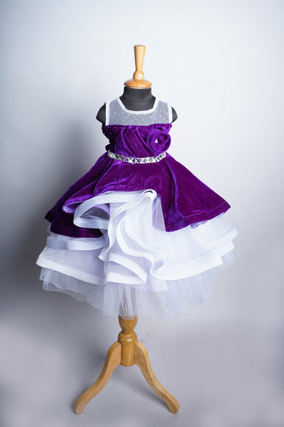 Violet Velvet and Plain Net with Stone Work in Girl Kid Dress
