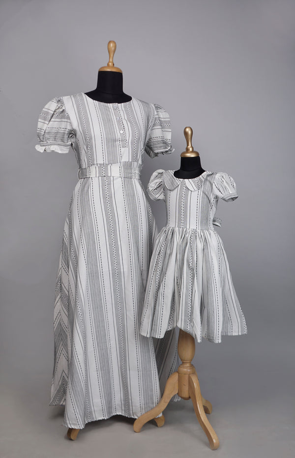 Grey Stripe Cotton Mom and Daughter Combo Matching Set