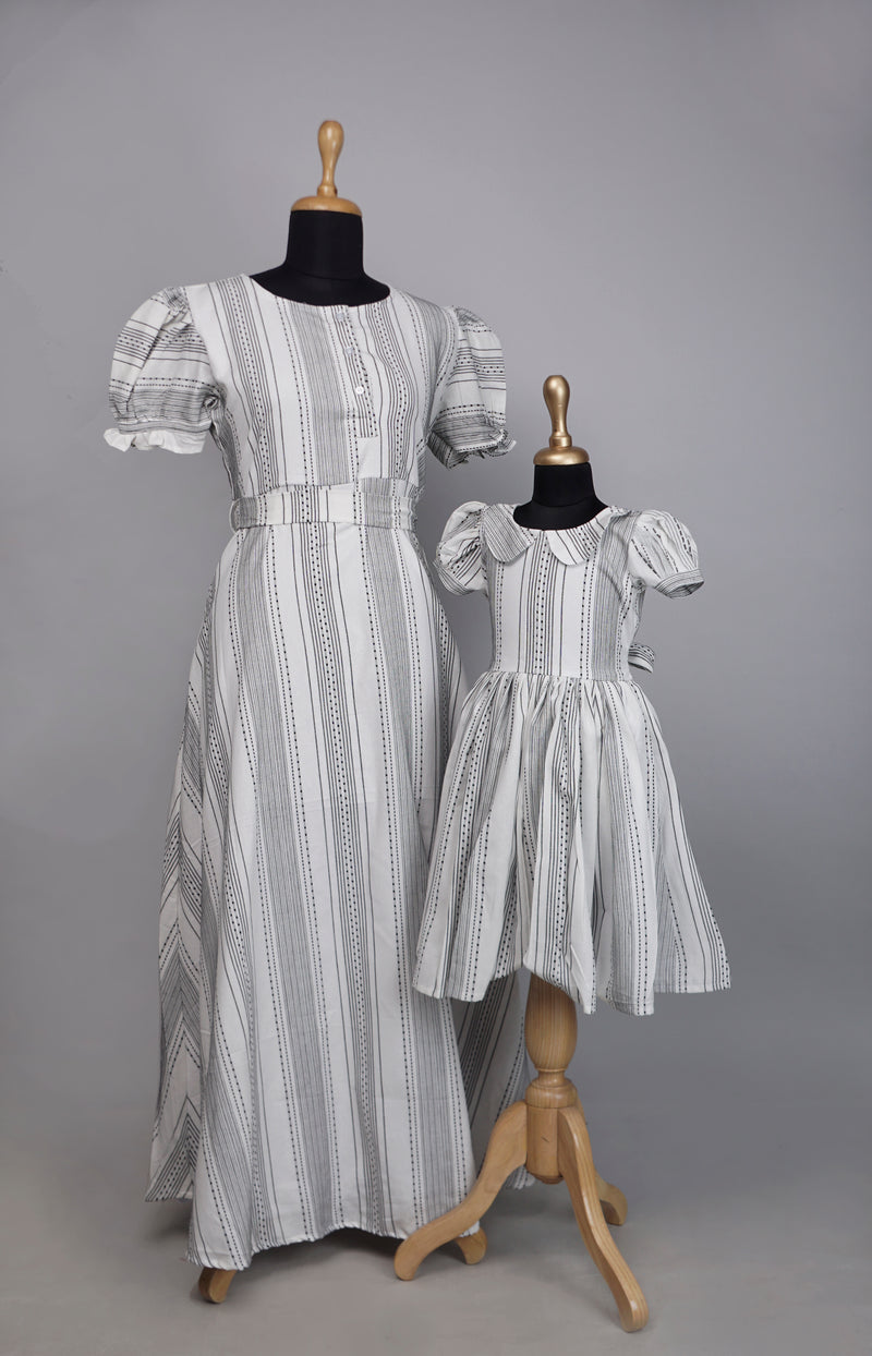 Grey Stripe Cotton Mom and Daughter Combo Matching Set