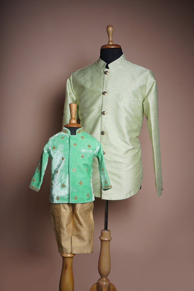 Light Green Rawsilk and Velvet with special Embroidery work in Dad and Son Combo