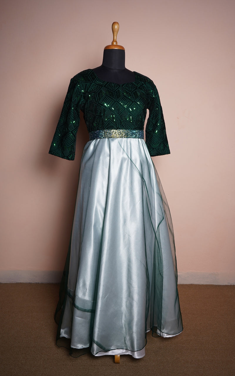 Dark Green Sequin velvet and Plain net with Multi Colour Stone Belt Womens Reception Wear