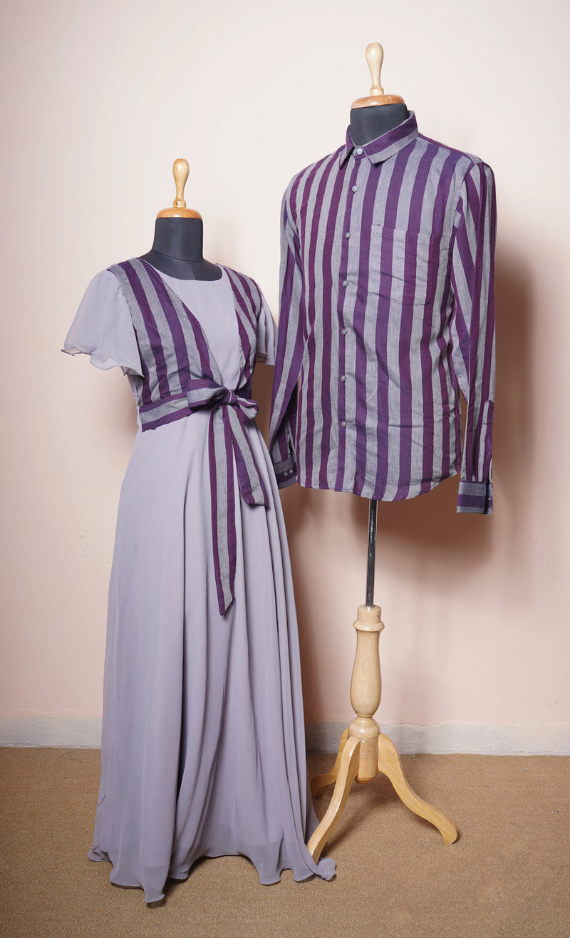 Grey and Purple Stripes Cotton Couple Combo