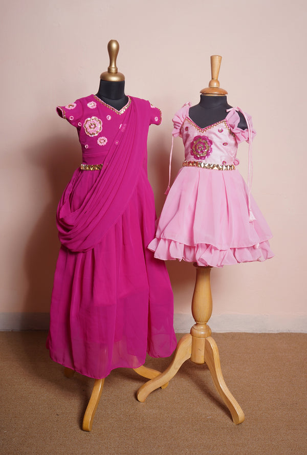 Dark pink and Light pink Rawsilk with Speacial Embroidery work in Sibling Combo Set