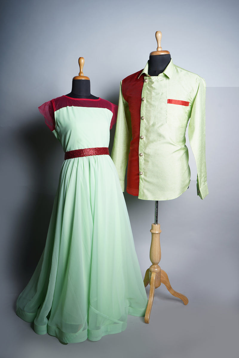 Light Green Georgette and Rawsilk with Red Highlights in Couple combo