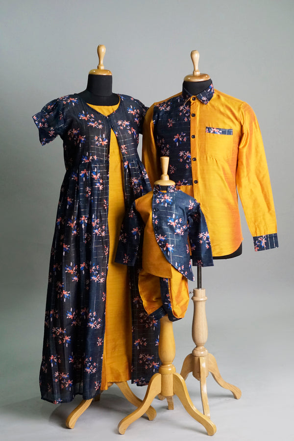 Chanderi Mustard Navy Blue Famliy Combo Matching Set