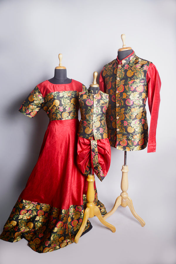 Red Rawsilk and Matching Brocade for Family Combo set