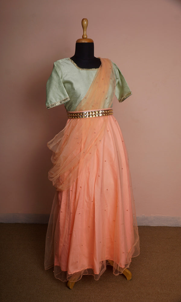 Light Orange and Light Green Rawsilk and Pearl net with Special Gold Stone Belt  Womens Reception Wear