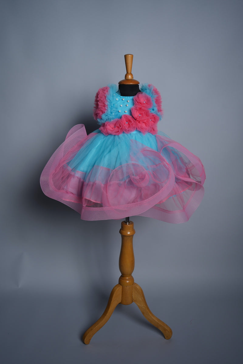 Sky Blue and Pink net with Pearls work in Girl kid Birthday Dress