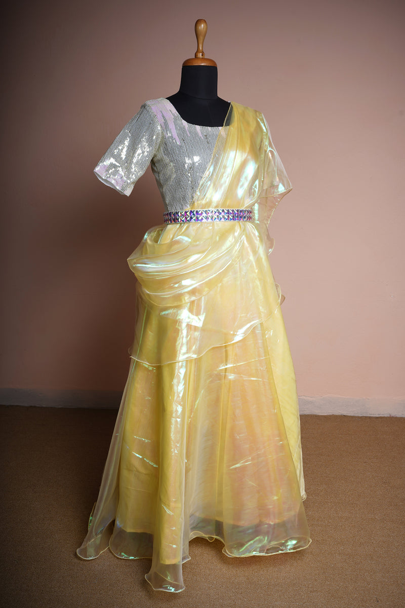 Yellow Silk organza and Sequin with Multi colour Stone Belt Womens Reception Wear