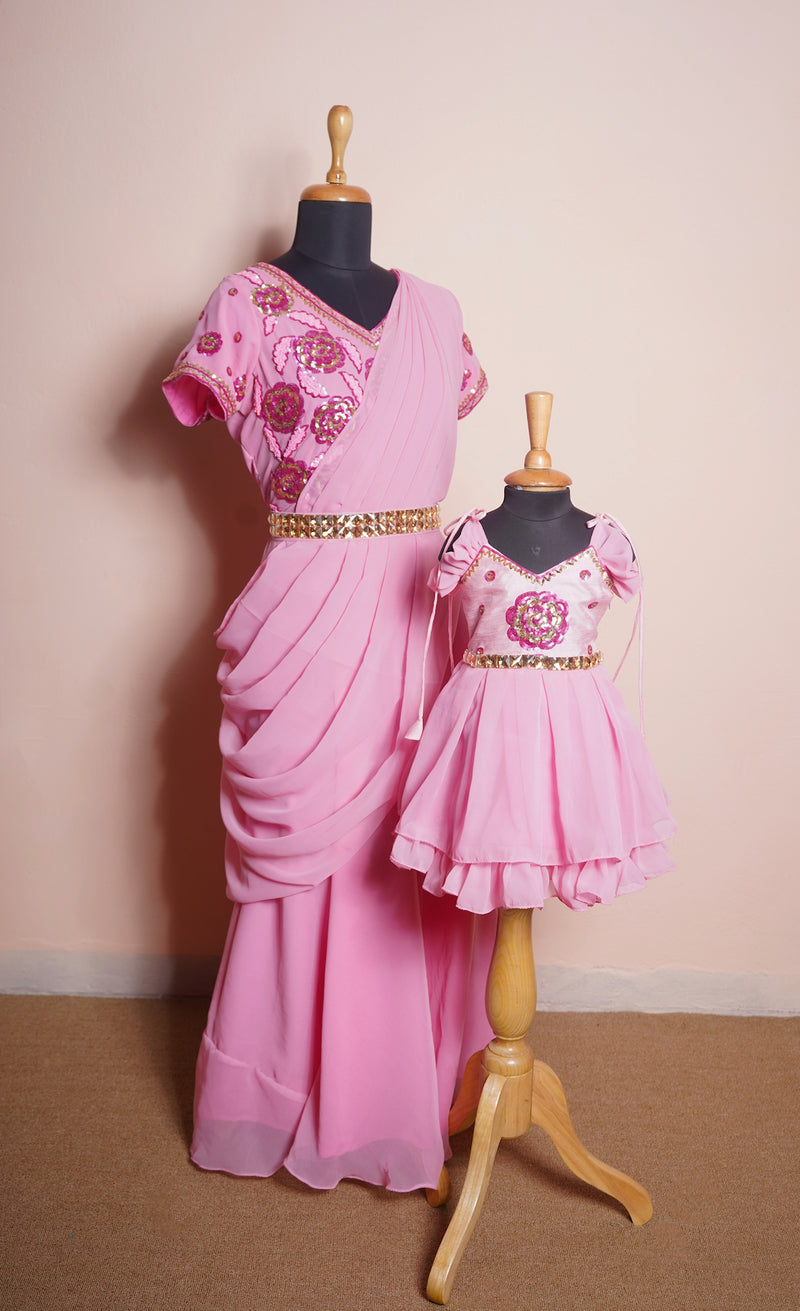 Light Pink Georgette and Rawsilk with SpeaciaI Embroidery work in Mom and Daughter Combo Set