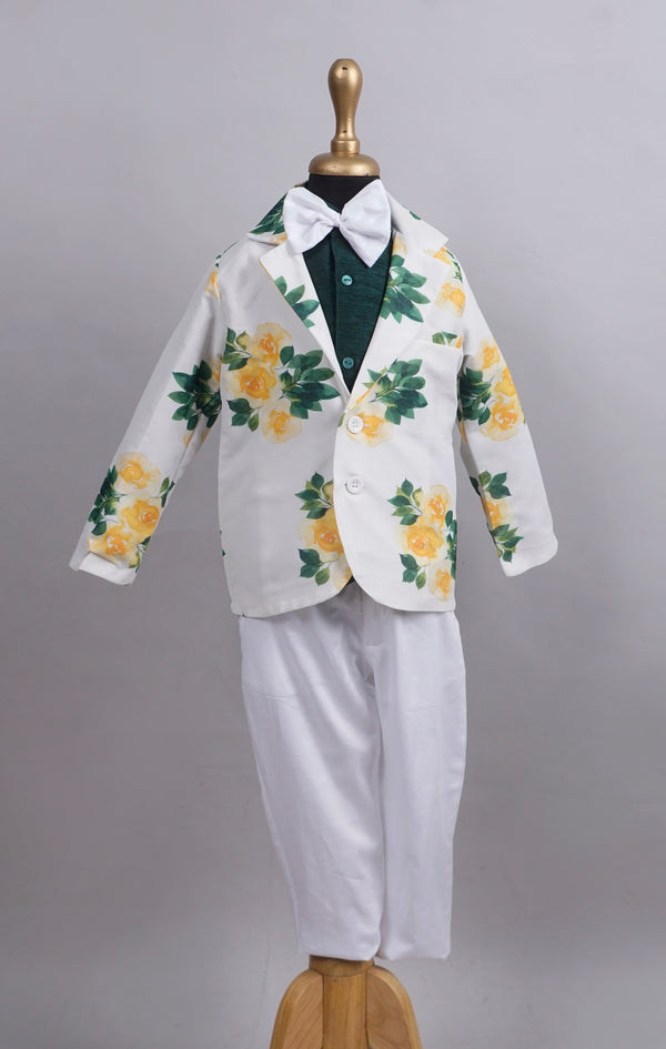 White with Yellow Floral Printed Boy's Birthday Suits