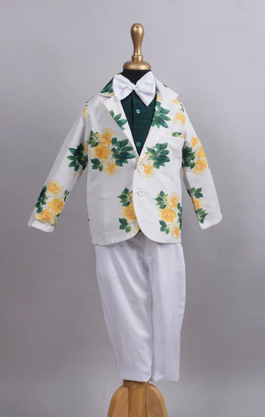 White with Yellow Floral Printed Boy's Birthday Suits