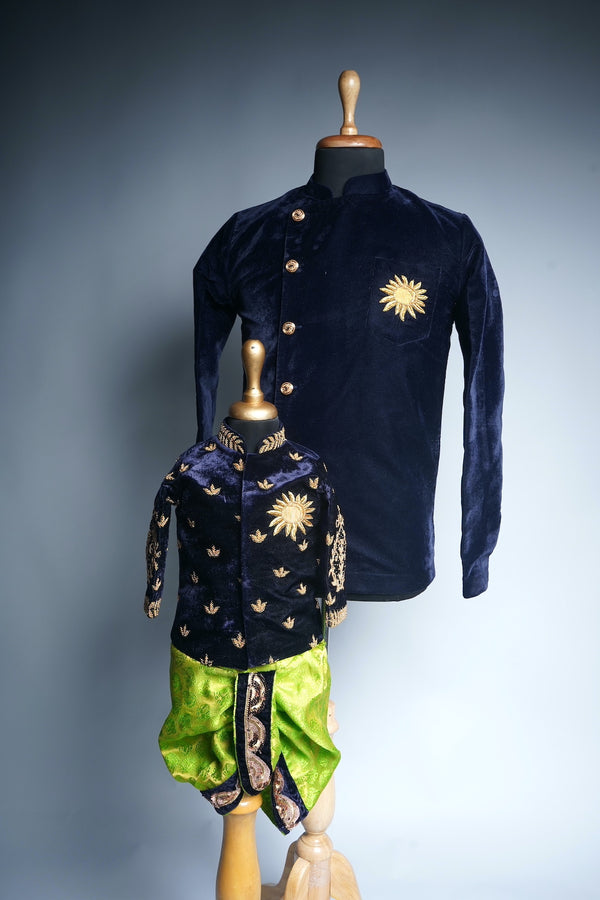 Navy Blue Velvet and Green Brocade with Special Embroidery work in Dad and Son Combo