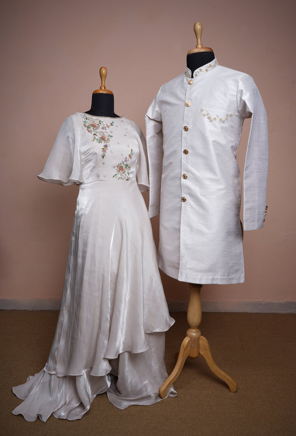 White Rawsilk and Chinon with Special Embroidery work in Couple Clothing